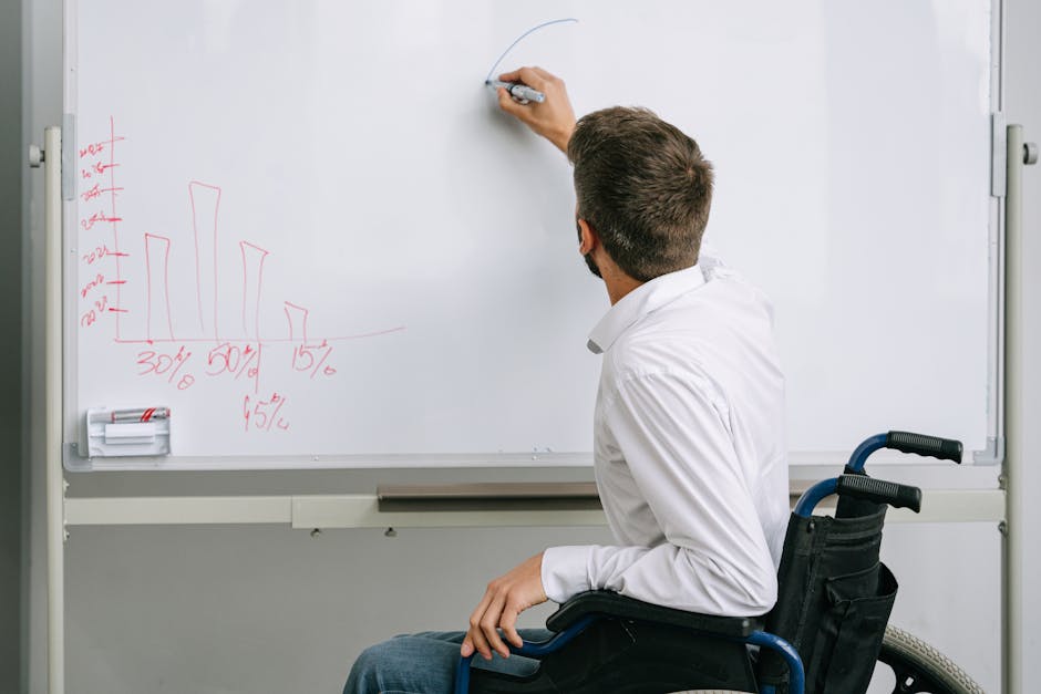 Man in a wheelchair writing on a whiteboard during an office presentation. Inclu