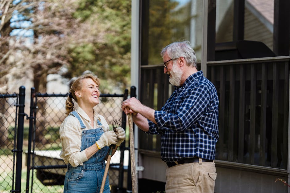 Elderly couple enjoying gardening in their backyard on a sunny day, filled with 