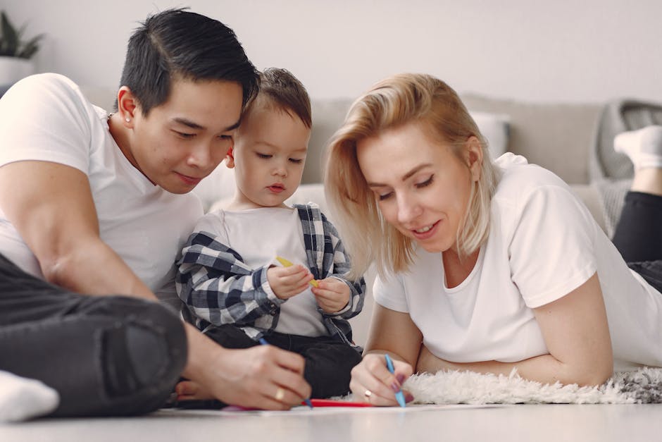 A family enjoys a fun and creative bonding session with drawing activities indoo