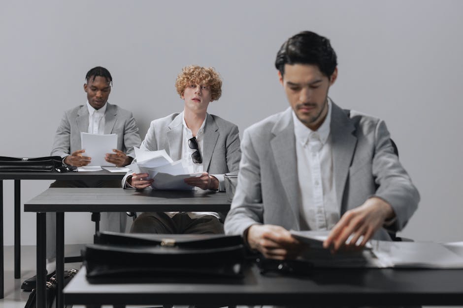 Three multicultural businessmen review documents at work. Professional teamwork 